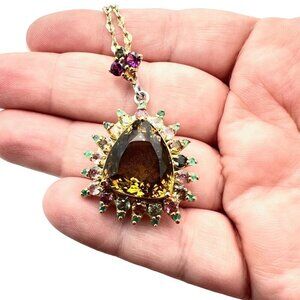 Women's Necklace Smoky Topaz & Tourmaline Gold Over Sterling Silver Pendant